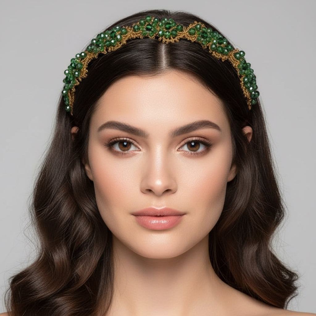 A green and brown headband with crystal embellishments, displayed on a flat surface.