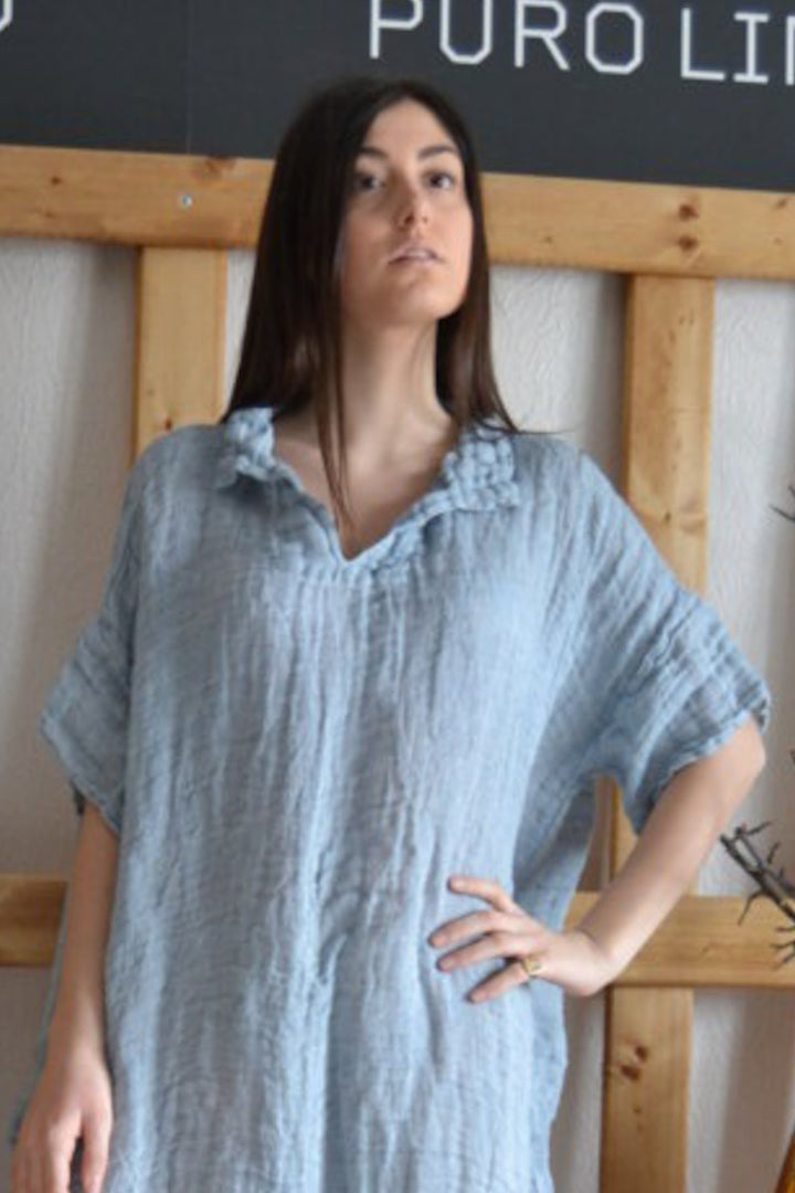Pure Linen Handmade Positano Long Dress with Collar