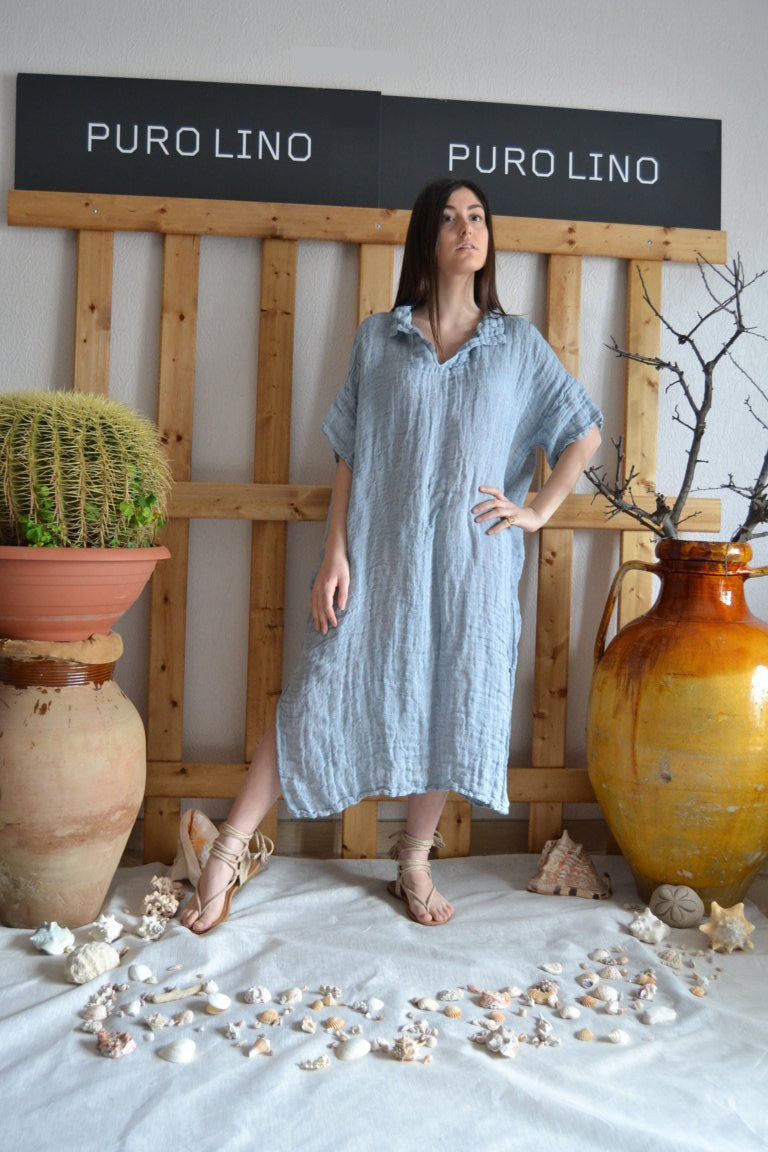 Pure Linen Handmade Positano Long Dress with Collar M Pure Linen Handmade Positano Long Dress with Collar M