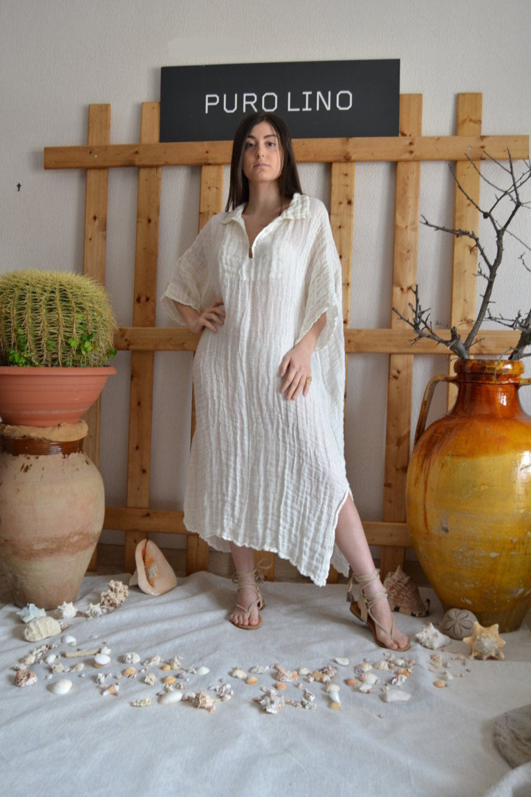 Pure Linen Handmade Positano Long White Dress with Collar M Pure Linen Handmade Positano Long White Dress with Collar M
