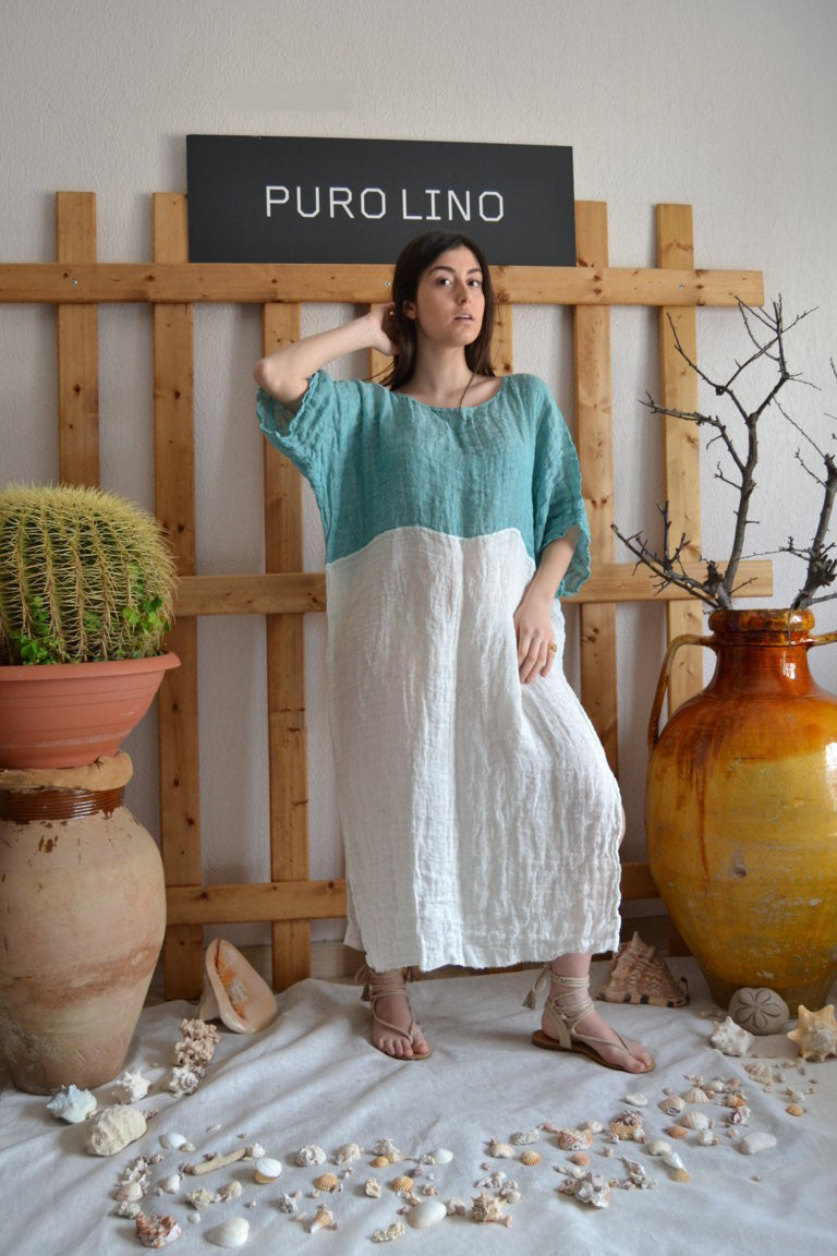 Pure Linen Bicolor Positano Long Dress L Pure Linen Bicolor Positano Long Dress L