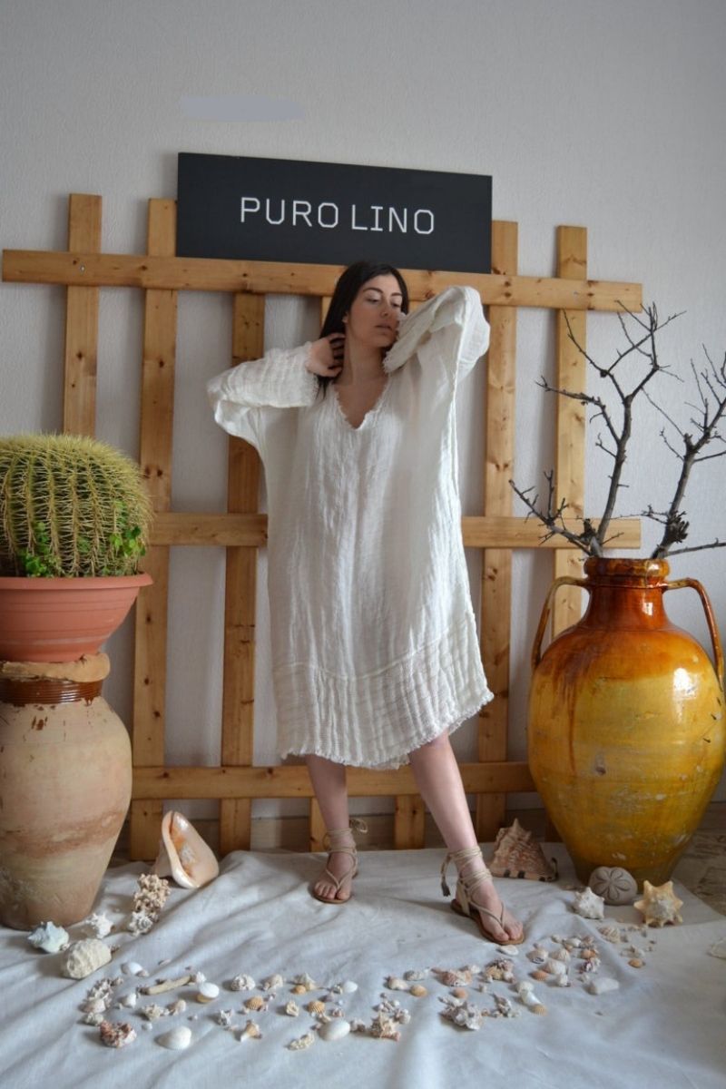 puro lino dresses Pure Italian Linen Positano Long Blue Dress Short sleeves M