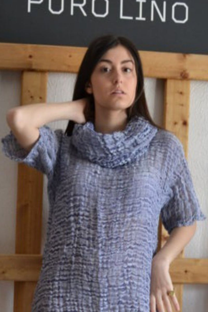Pure Italian Linen Positano Long Blue Dress Short sleeves