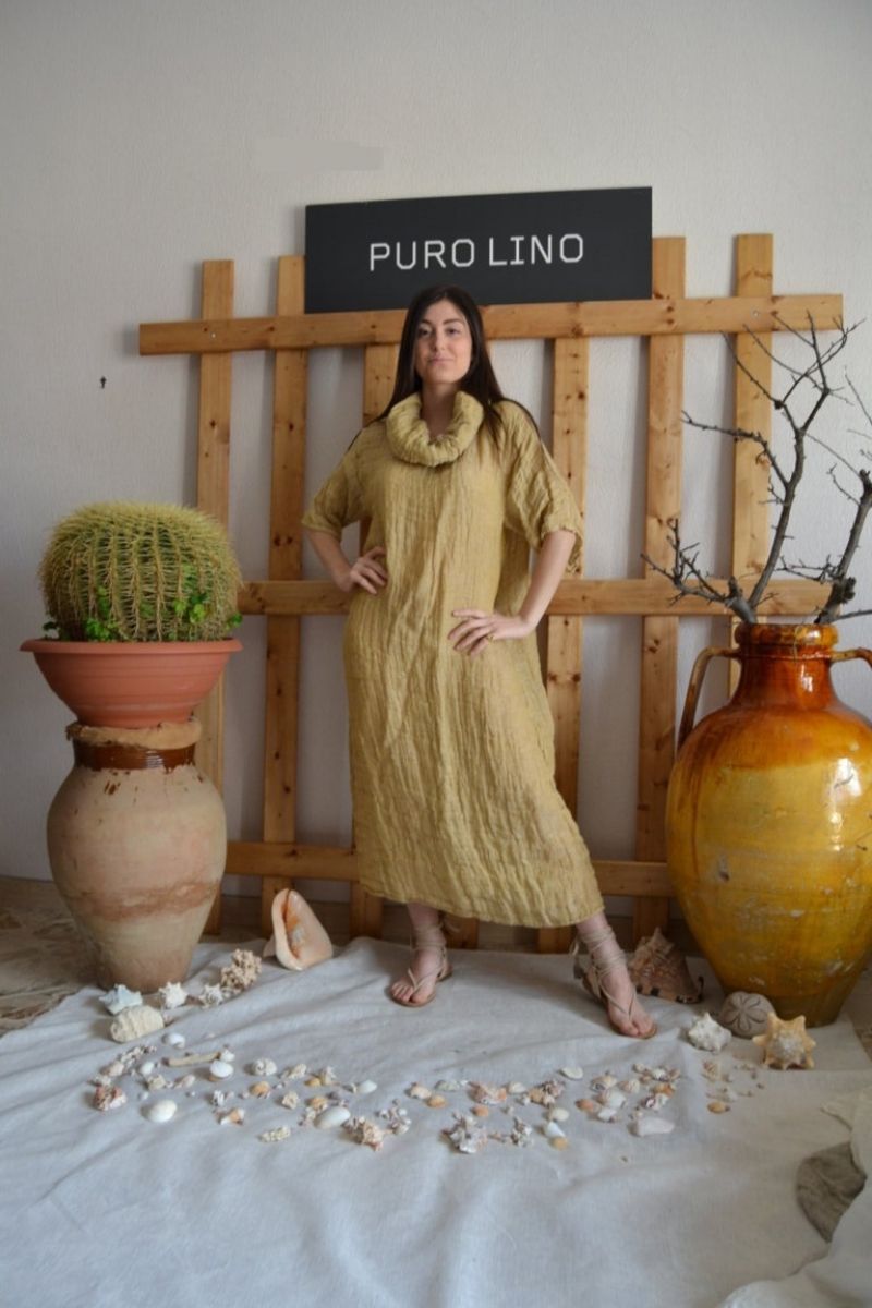 Pure Italian Linen Positano Long gold Dress Short sleeves L Pure Italian Linen Positano Long gold Dress Short sleeves L