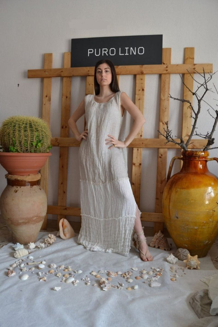 Pure Italian Linen Positano Long bicolor Dress Sleeveless