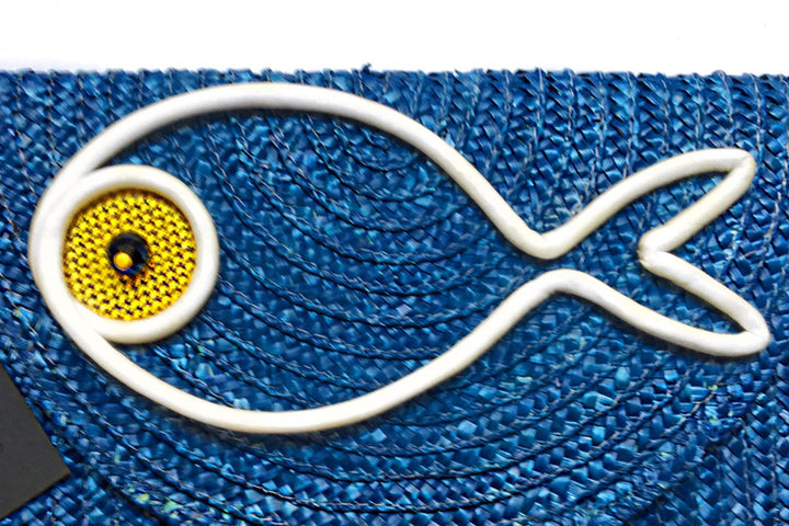 Woven straw Gold Blue White Fish Maxi Clutch
