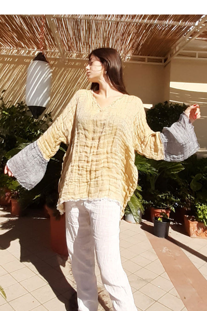 Pure Italian linen Gold Grey Top Long Sleeves