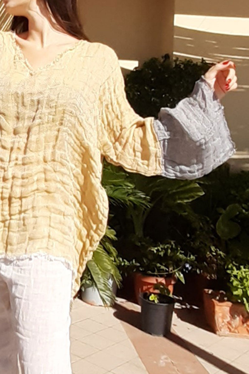 Pure Italian linen Gold Grey Top Long Sleeves