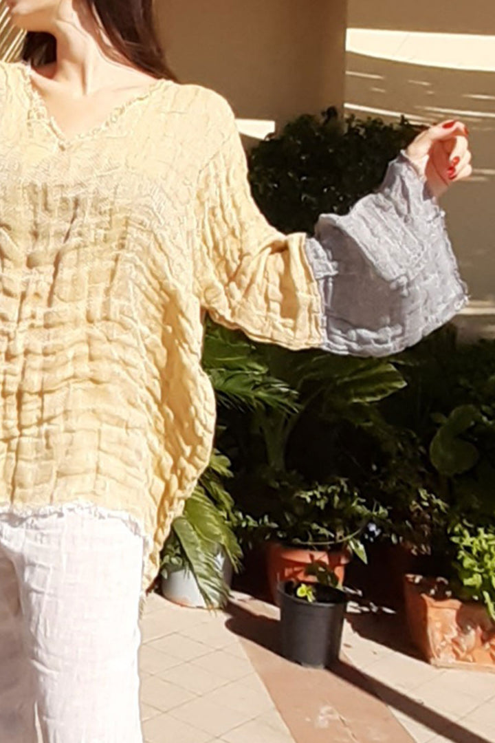 Pure Italian linen Gold Grey Top Long Sleeves