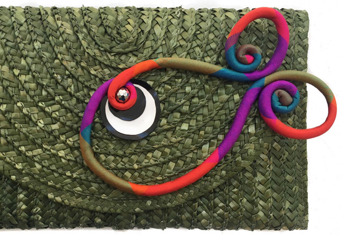 Woven straw Green  Multicolor Fish Maxi Clutch