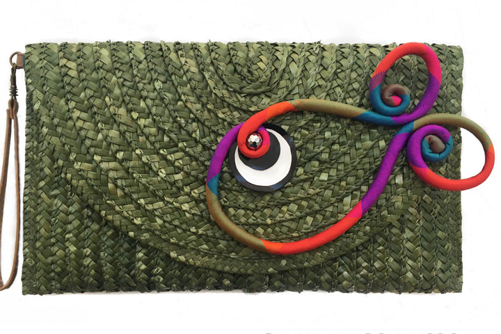 Woven straw Green  Multicolor Fish Maxi Clutch