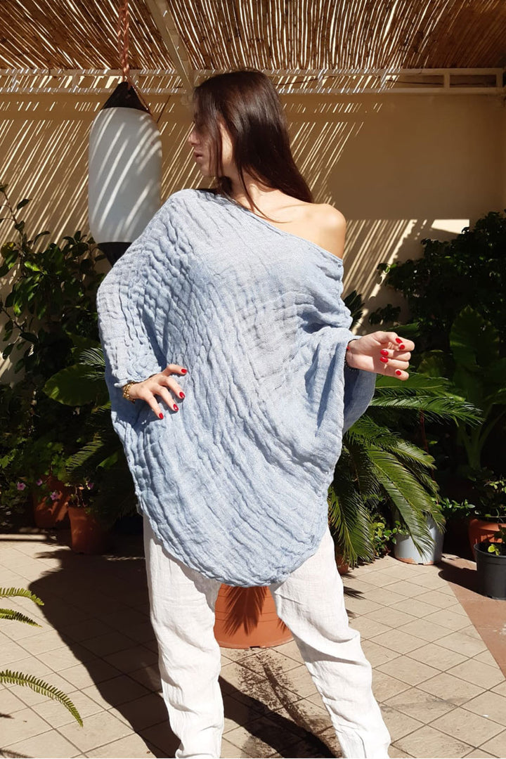 Made in Italy, Italian Linen Tunic dress handmade Natural fiber  blue