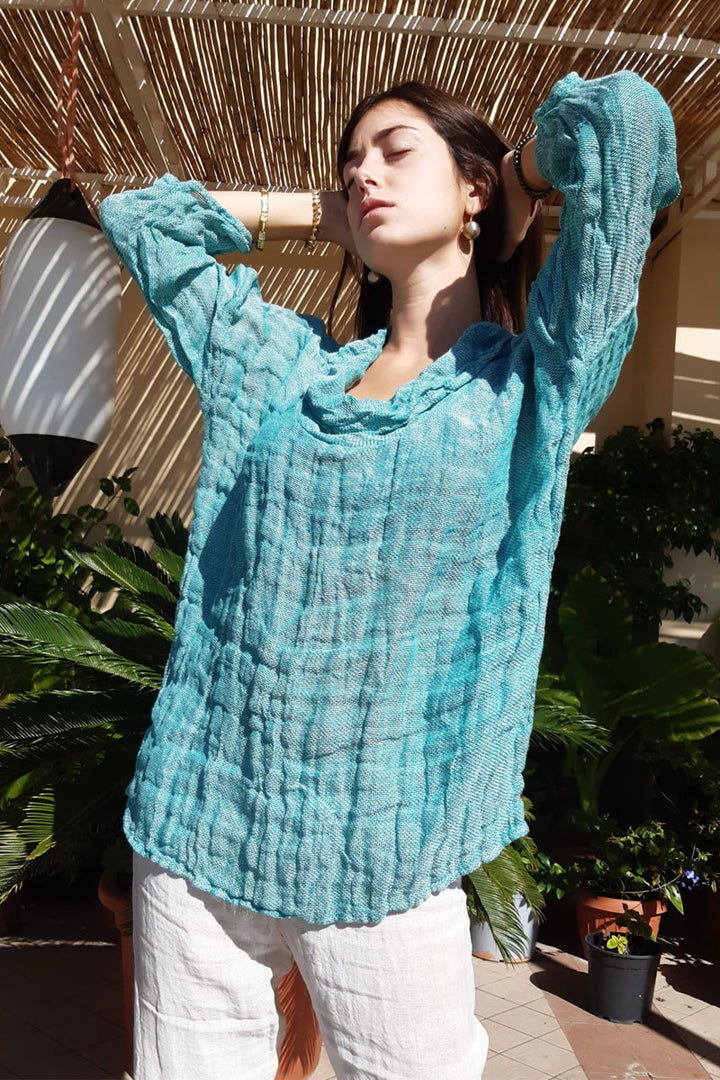 Pure Italian Linen Blue Top Long sleeves
