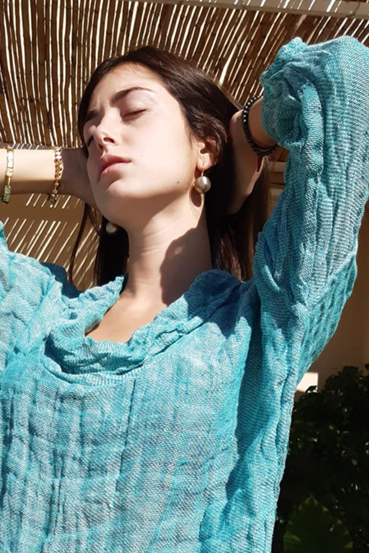 Ariels Vibes Pure Italian Linen Blue Top long Sleeves