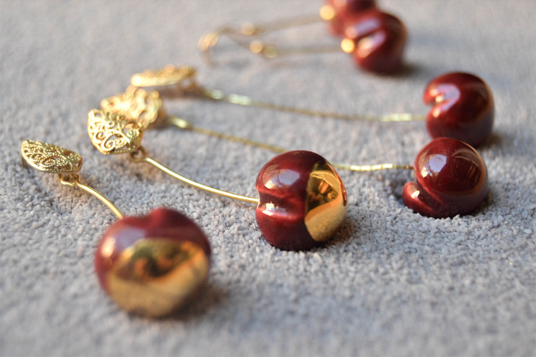 Cherry earrings Handmade  in gold and ceramic