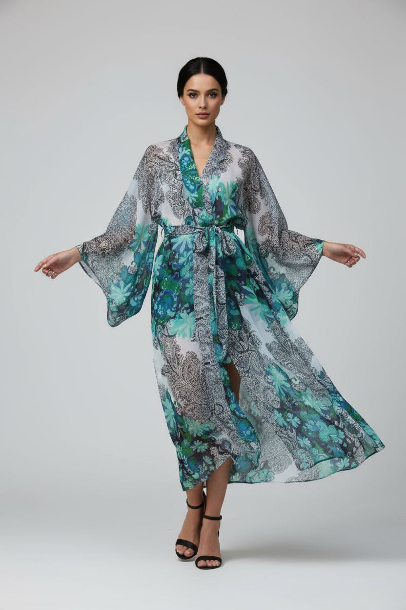 Patterned kimono-style garment on a mannequin against a plain background