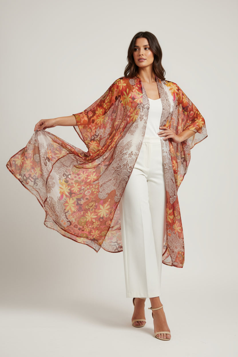 A multicolored silk kimono with an orange and pink floral pattern, displayed on a mannequin against a plain background.