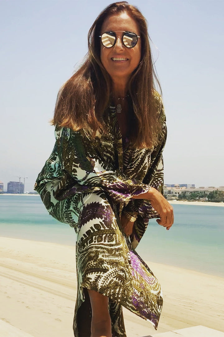 Elegant Green Long Jacket silk Kimono - Ariel's Vibes