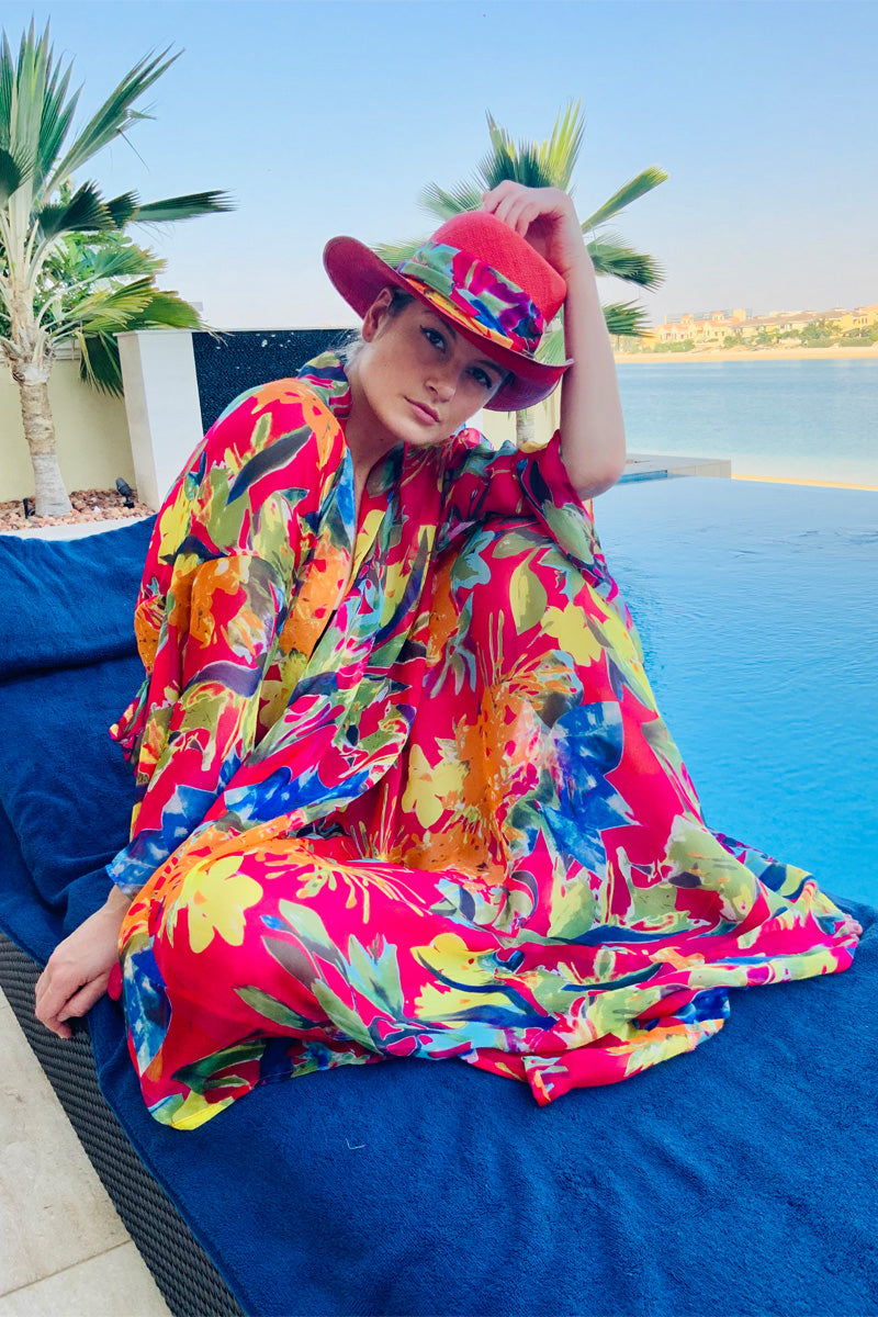 Elegant RED Silk Chiffon Floral amazing Kimono - Ariel's Vibes