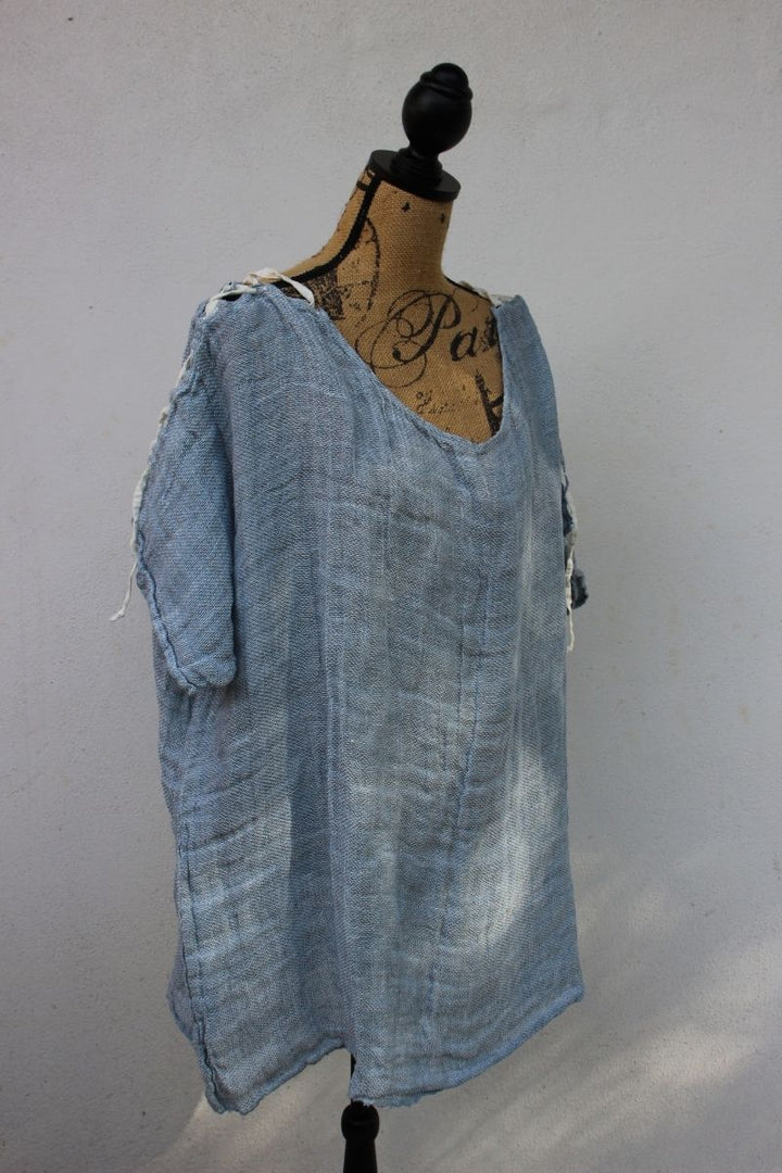 Pure Italian Linen Positano Laces Blue Top