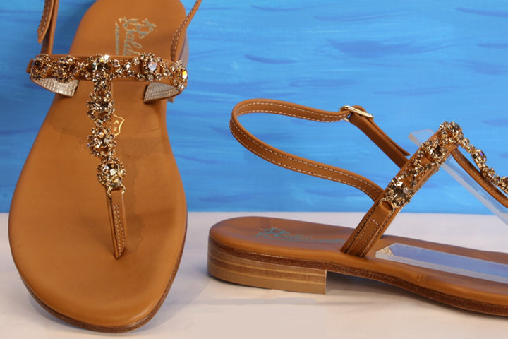 Elegant Swarovski Jewel Capri Sandal gold tones, Handmade in Italy, real leather