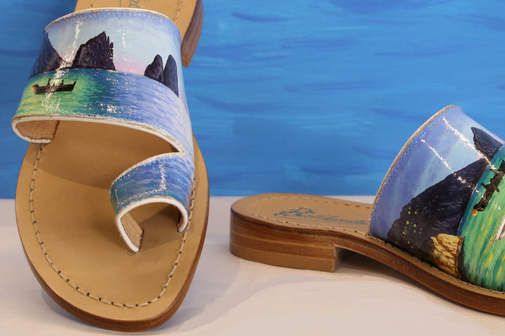 Real Leather Capri Sandal handmade in Italy with handprinted band with Capri Landscape. Blue and green colors.