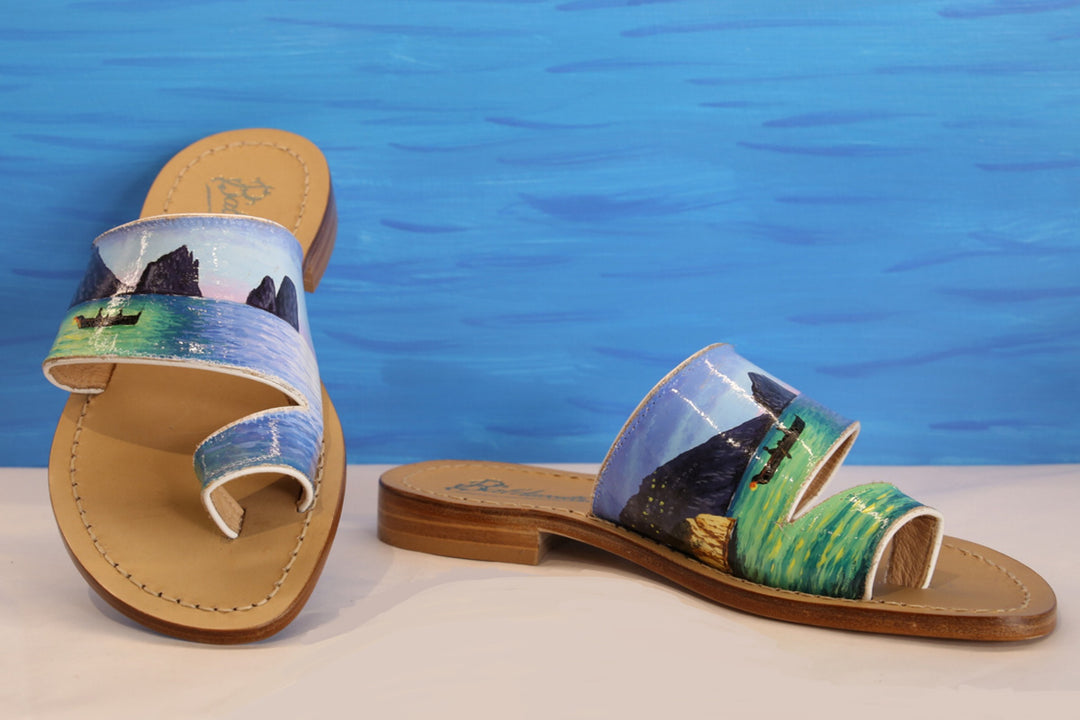 Real Leather Capri Sandal handmade in Italy with handprinted band with Capri Landscape. Blue and green colors.