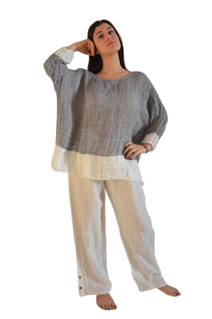 Handmade in Italy  Pure Linen Top  Natural fiber  white and grey