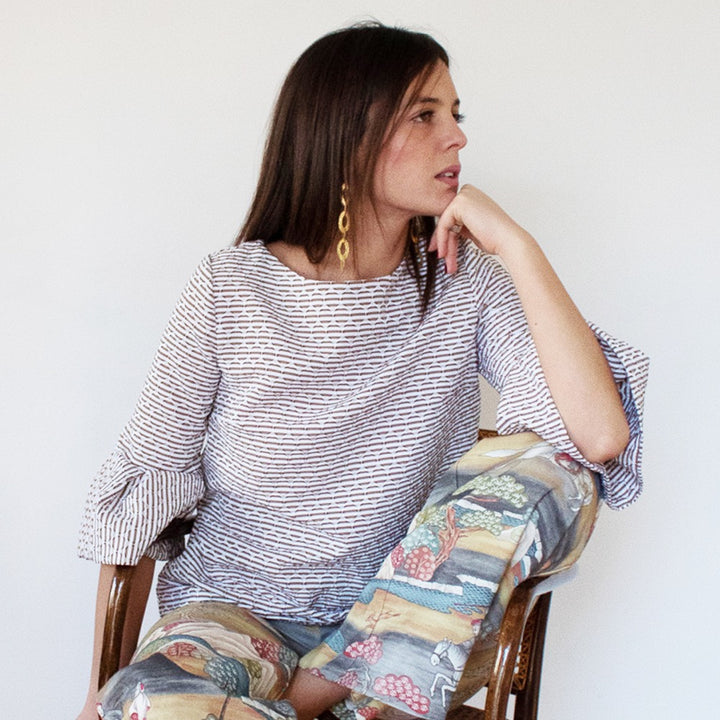 Cotton White and Beige Shirt with bell sleeves