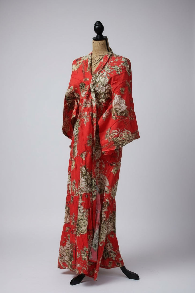 Gipsy Red Cotton Kimono - Handmade Italian Bohemian Dress Gipsy Red Cotton Kimono - Handmade Italian Bohemian Dress