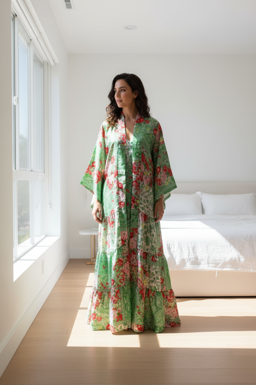 Woman wearing a green floral dress standing in a bright room with large windows.