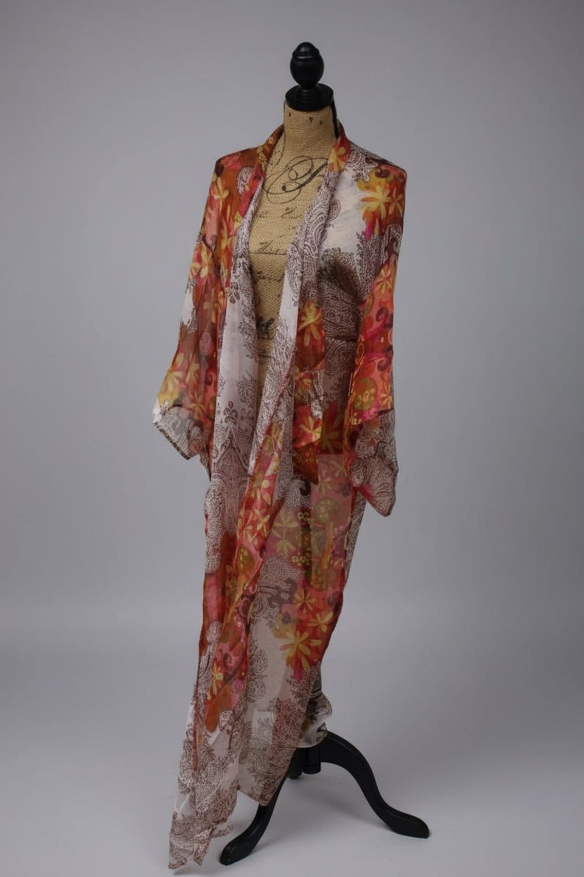 Floral kimono on a mannequin against a white wall