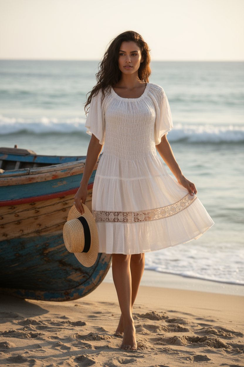 Woman in a white Italian lined dress standing on a beach with a boat in the background