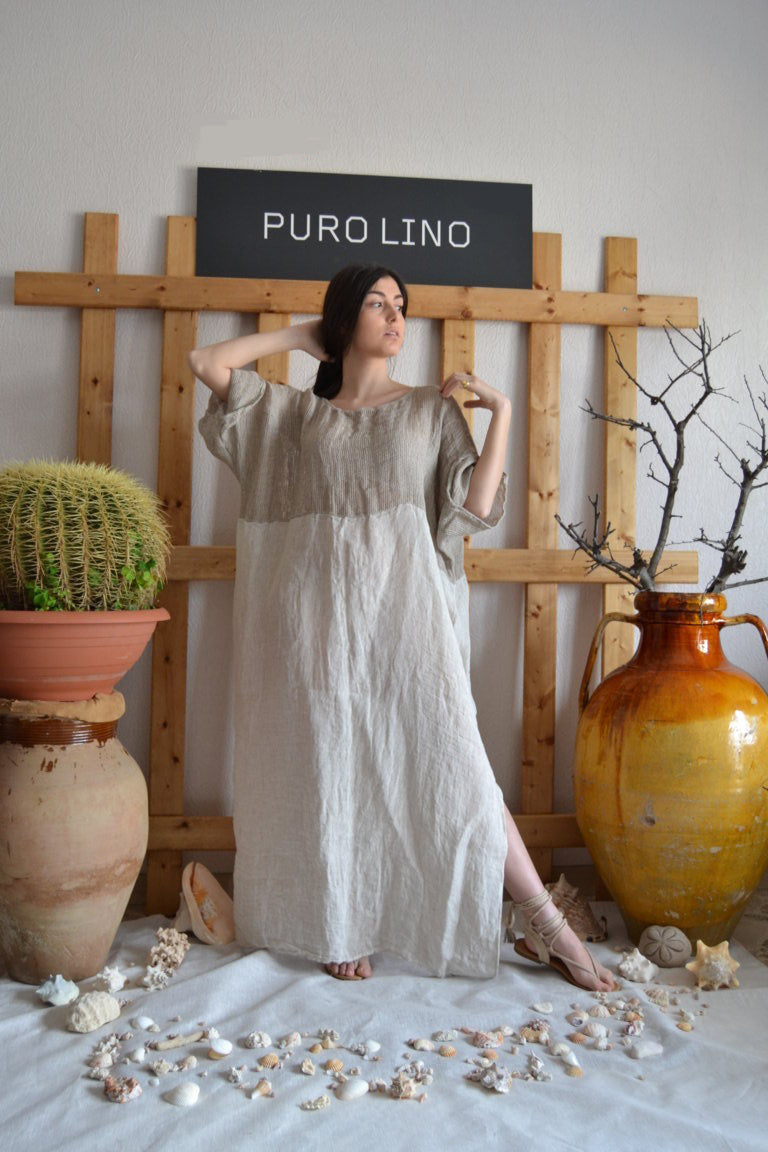 Pure Linen Handmade Bicolor Positano Long Dress M Pure Linen Handmade Bicolor Positano Long Dress M