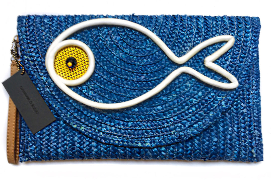 Woven straw Gold Blue White Fish Maxi Clutch