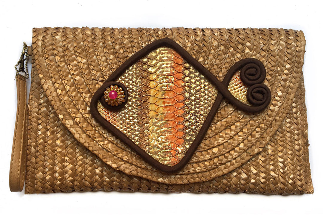 Woven straw Gold Fish Maxi Clutch