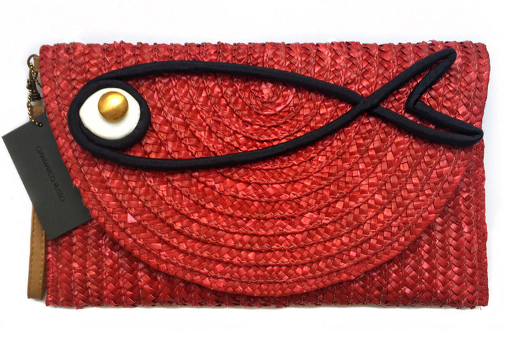 Woven straw Red Fish Maxi Clutch