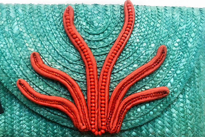 Woven straw Teal Coral Maxi Clutch