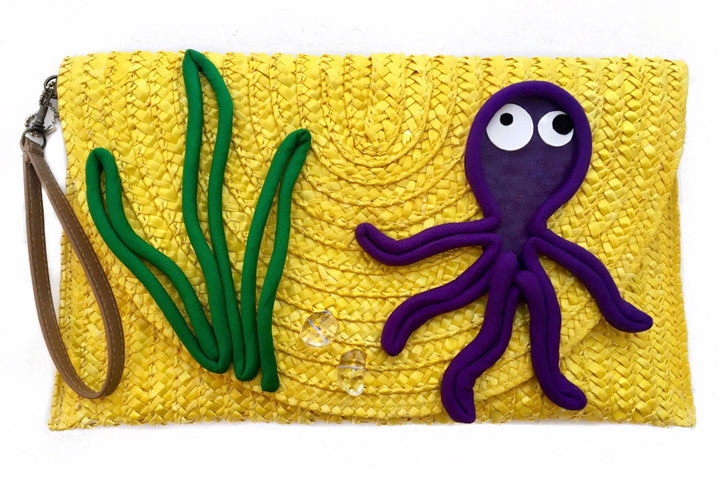 Woven straw Yellow Octopus Maxi Clutch