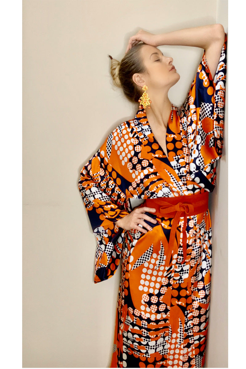 Sensual Classic Orange Silk Kimono - designed in Italy Ariel's Vibes