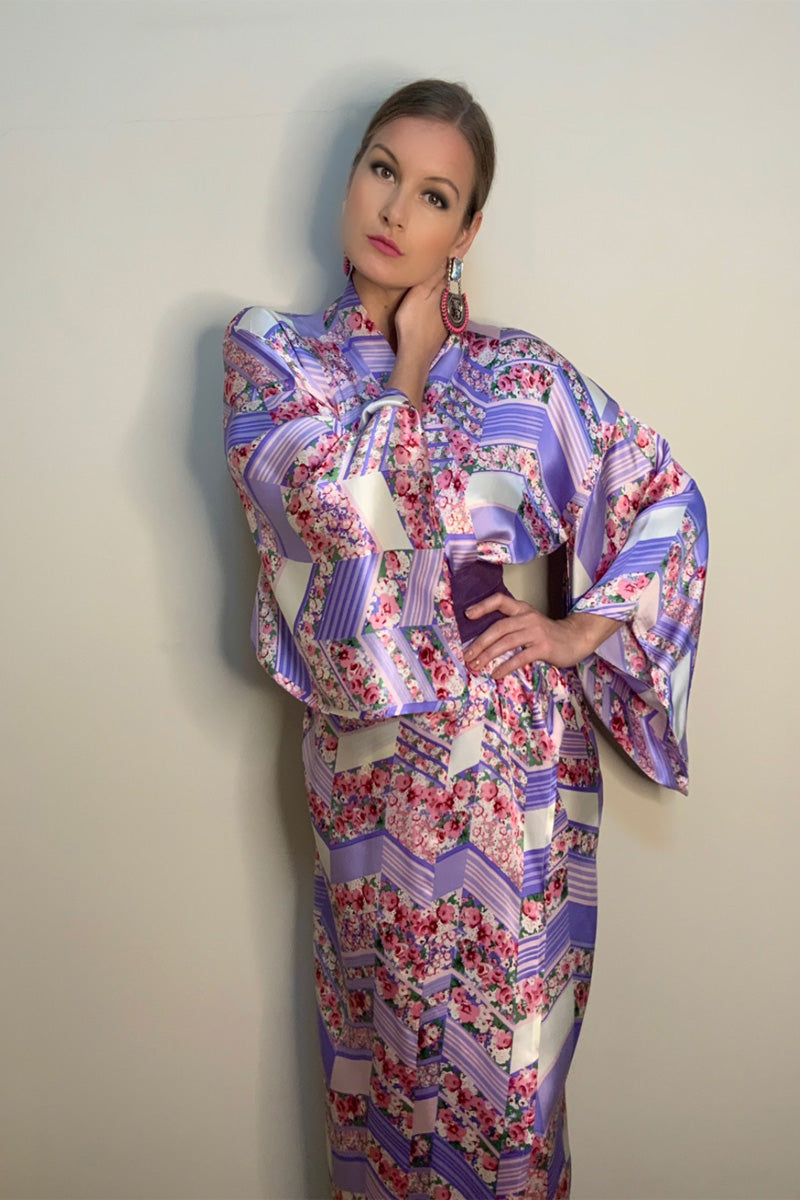 Sensual, Elegant, Classic White and Blue Silk Kimono with roses - Ariel's Vibes