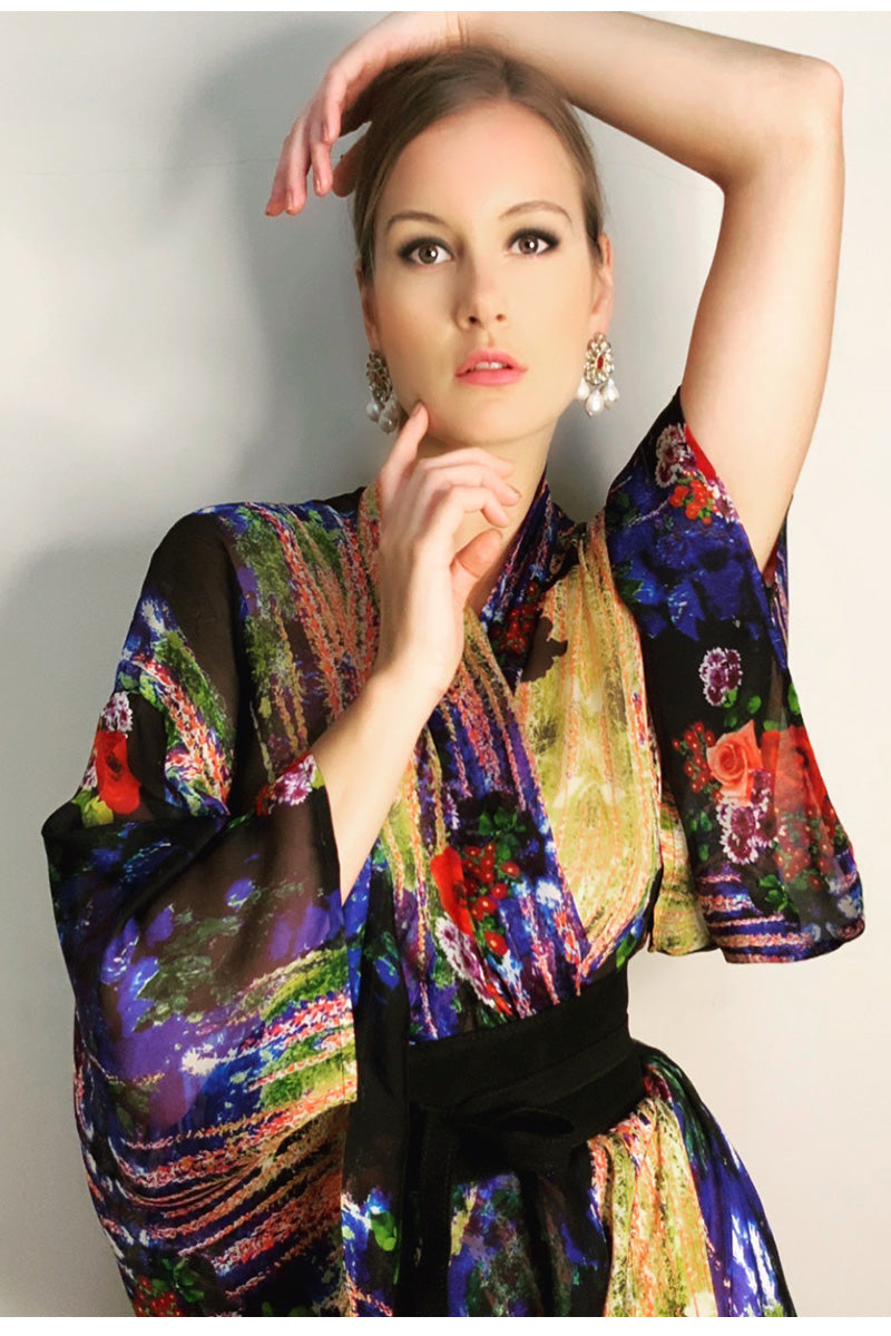 Blue Floral Chiffon Silk classic Kimono - Ariel's Vibes