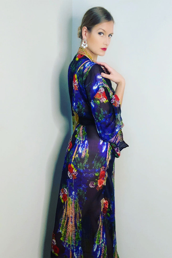 Blue Floral Chiffon Silk classic Kimono - Ariel's Vibes