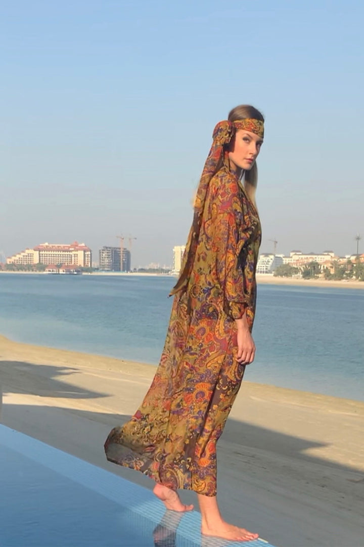 Chiffon Silk Classic Sensual and Elegant Kimono Gold Cachemire - Ariel's Vibes
