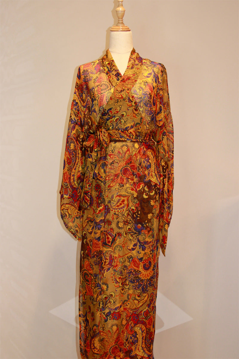 Chiffon Silk Classic Sensual and Elegant Kimono Gold Cachemire - Ariel's Vibes