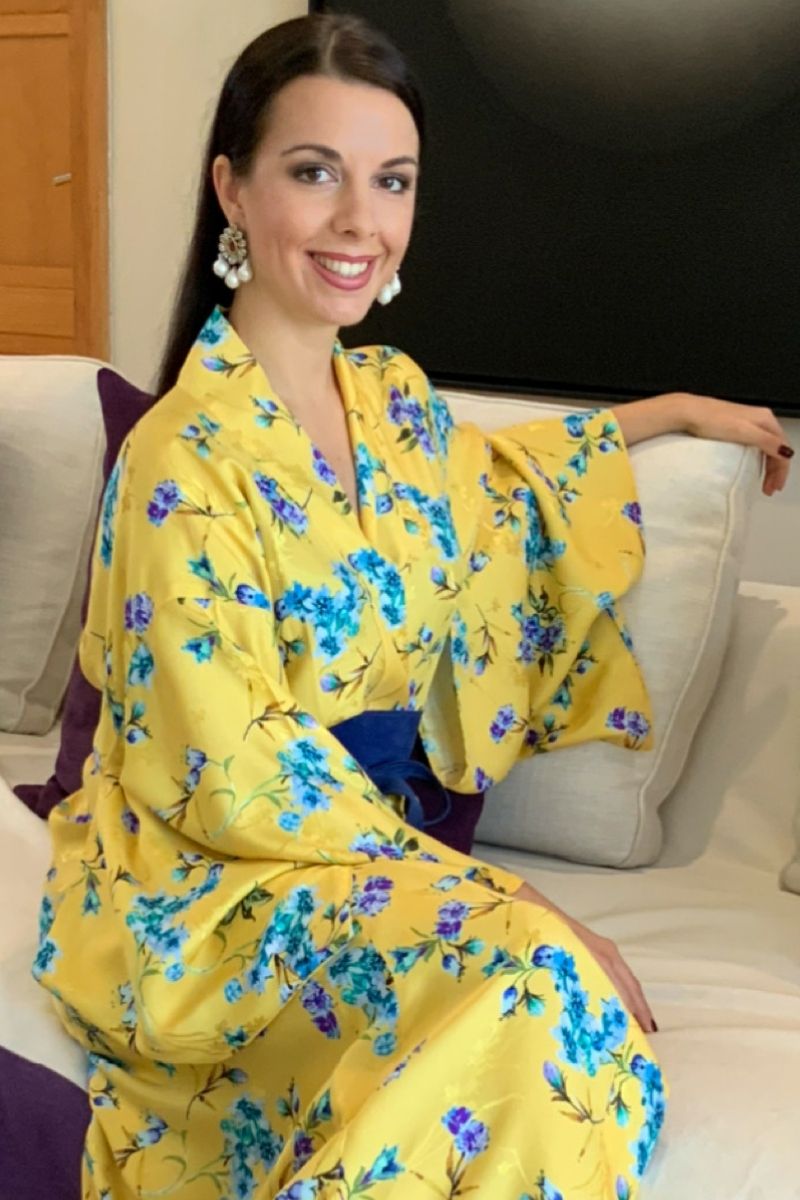 Yellow and Light Blue Chiffon Silk classic Kimono