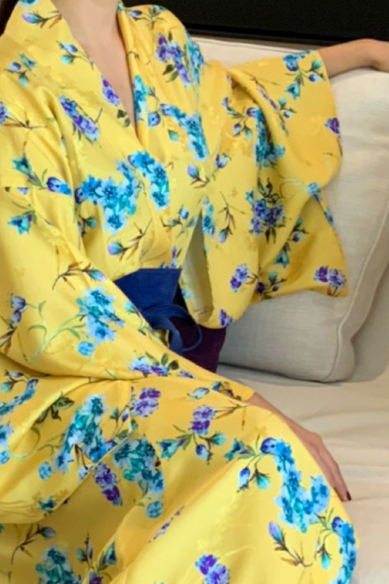 Yellow and Light Blue Chiffon Silk classic Kimono