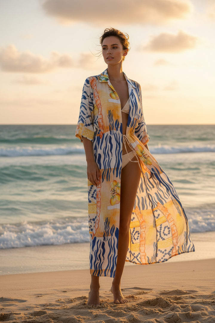 lemon and blue stripes cotton duster 
