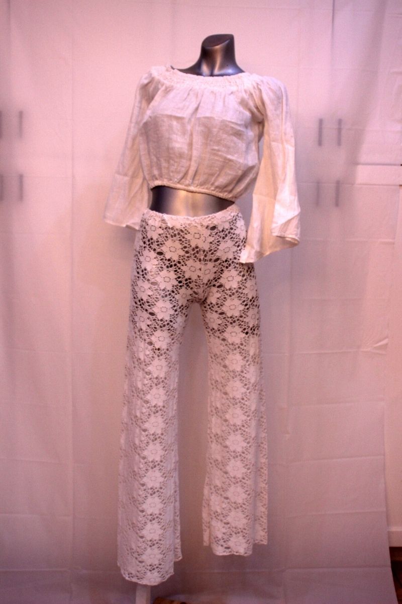 Pure Linen white Top Long Sleeves and Lace Pants