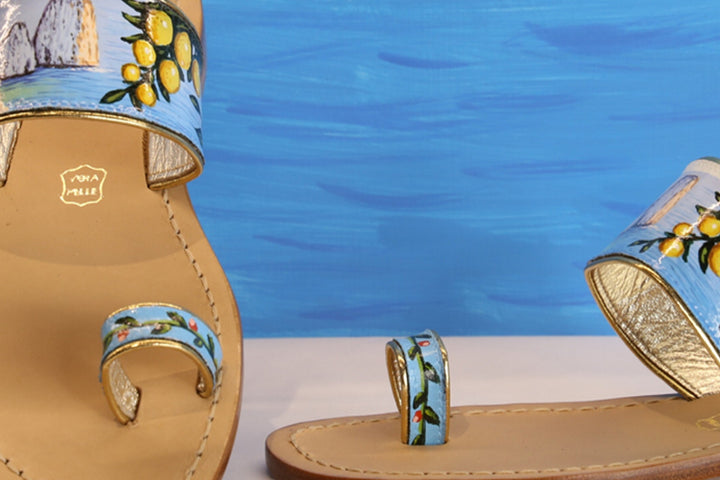 Unique Capri leather Sandals handmade real leather with bands painted with Italian Capri landscape and lemons